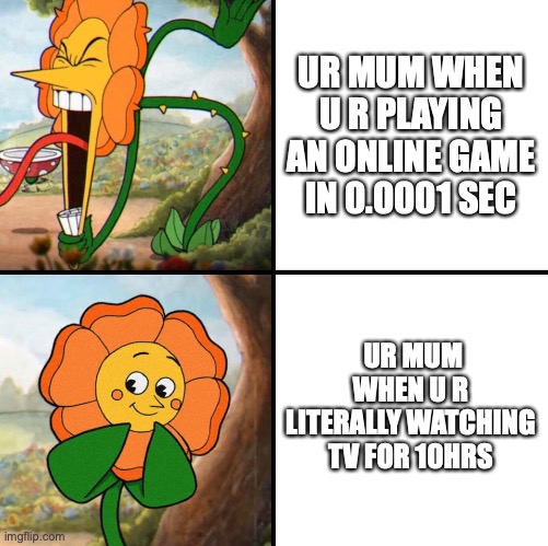 angry flower | UR MUM WHEN U R PLAYING AN ONLINE GAME IN 0.0001 SEC; UR MUM WHEN U R LITERALLY WATCHING TV FOR 10HRS | image tagged in angry flower | made w/ Imgflip meme maker