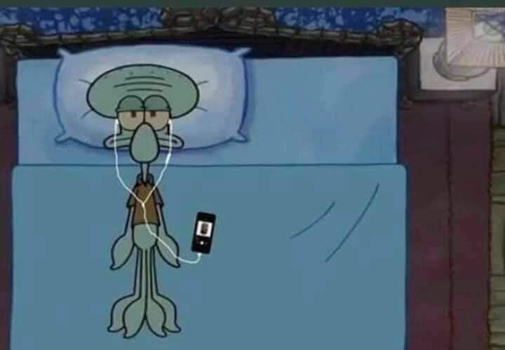 High Quality SpongeBob Squidward listening to music in bed Blank Meme Template