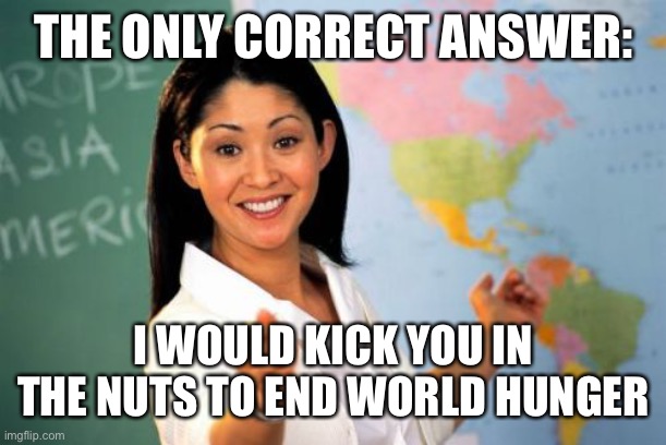 Unhelpful High School Teacher Meme | THE ONLY CORRECT ANSWER: I WOULD KICK YOU IN THE NUTS TO END WORLD HUNGER | image tagged in memes,unhelpful high school teacher | made w/ Imgflip meme maker