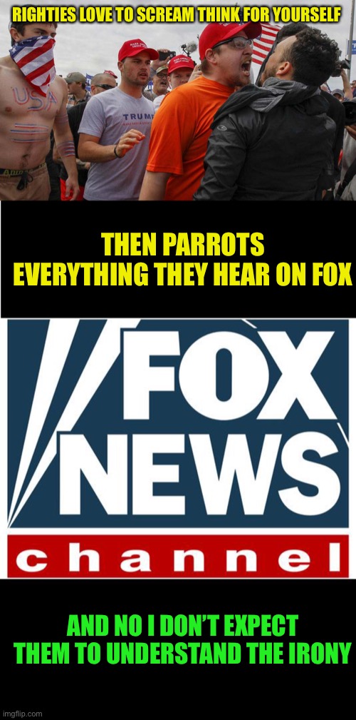 The Dunning–Kruger effect is too mild an explanation | RIGHTIES LOVE TO SCREAM THINK FOR YOURSELF; THEN PARROTS EVERYTHING THEY HEAR ON FOX; AND NO I DON’T EXPECT THEM TO UNDERSTAND THE IRONY | image tagged in angry red cap,fox news | made w/ Imgflip meme maker