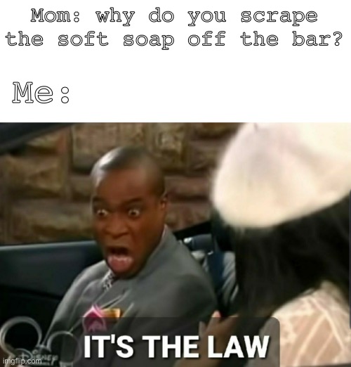 It's the law | Mom: why do you scrape the soft soap off the bar? Me: | image tagged in it's the law | made w/ Imgflip meme maker