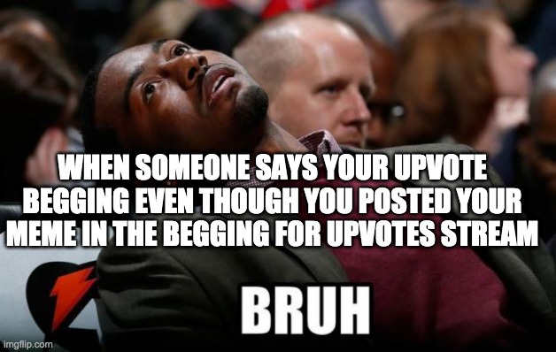 BRUH | WHEN SOMEONE SAYS YOUR UPVOTE BEGGING EVEN THOUGH YOU POSTED YOUR MEME IN THE BEGGING FOR UPVOTES STREAM | image tagged in bruh | made w/ Imgflip meme maker