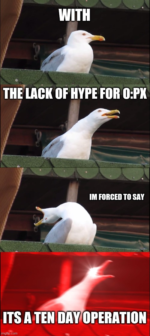 Inhaling Seagull | WITH; THE LACK OF HYPE FOR O:PX; IM FORCED TO SAY; ITS A TEN DAY OPERATION | image tagged in memes,inhaling seagull | made w/ Imgflip meme maker