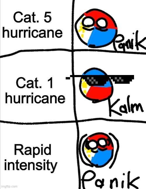 Hurricane ball | Cat. 5 hurricane; Cat. 1 hurricane; Rapid intensity | image tagged in kalm panik kalm but countryballs | made w/ Imgflip meme maker