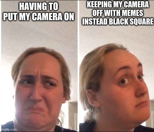 much funner | KEEPING MY CAMERA OFF WITH MEMES INSTEAD BLACK SQUARE; HAVING TO PUT MY CAMERA ON | image tagged in kombucha girl | made w/ Imgflip meme maker