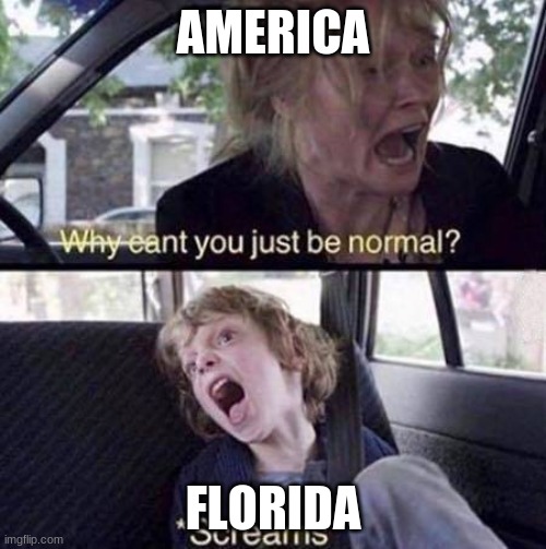 r/floridaman do be crazy tho | AMERICA; FLORIDA | image tagged in why can't you just be normal | made w/ Imgflip meme maker