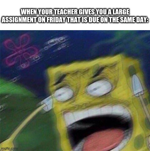 Please help me I have 7 missing assignments all of them are long and now I have a new one | WHEN YOUR TEACHER GIVES YOU A LARGE ASSIGNMENT ON FRIDAY THAT IS DUE ON THE SAME DAY: | image tagged in spongebob mad,memes,funny,oh wow are you actually reading these tags | made w/ Imgflip meme maker