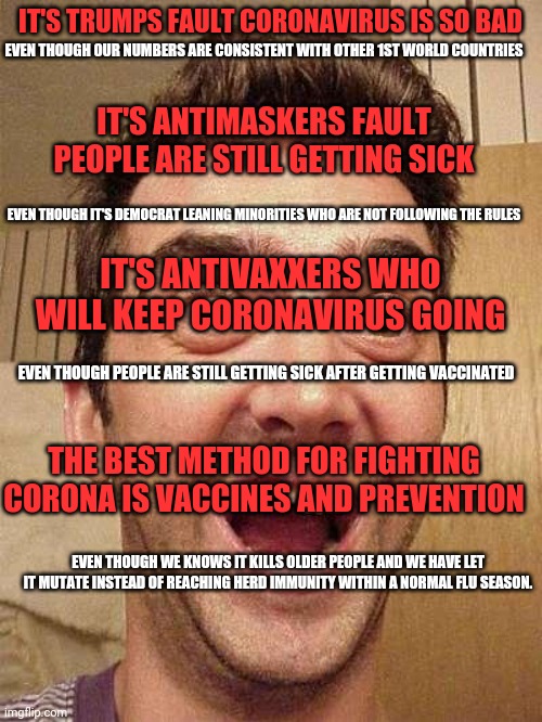Liberals are the real grandparent killers. | IT'S TRUMPS FAULT CORONAVIRUS IS SO BAD; EVEN THOUGH OUR NUMBERS ARE CONSISTENT WITH OTHER 1ST WORLD COUNTRIES; IT'S ANTIMASKERS FAULT PEOPLE ARE STILL GETTING SICK; EVEN THOUGH IT'S DEMOCRAT LEANING MINORITIES WHO ARE NOT FOLLOWING THE RULES; IT'S ANTIVAXXERS WHO WILL KEEP CORONAVIRUS GOING; EVEN THOUGH PEOPLE ARE STILL GETTING SICK AFTER GETTING VACCINATED; THE BEST METHOD FOR FIGHTING CORONA IS VACCINES AND PREVENTION; EVEN THOUGH WE KNOWS IT KILLS OLDER PEOPLE AND WE HAVE LET IT MUTATE INSTEAD OF REACHING HERD IMMUNITY WITHIN A NORMAL FLU SEASON. | image tagged in moron,liberal logic,science,stupid liberals,failed | made w/ Imgflip meme maker