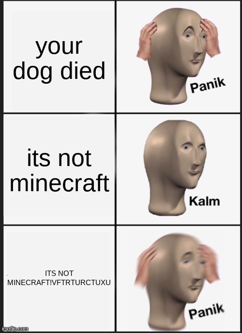 Panik Kalm Panik Meme | your dog died; its not minecraft; ITS NOT MINECRAFT!VFTRTURCTUXU | image tagged in memes,panik kalm panik | made w/ Imgflip meme maker