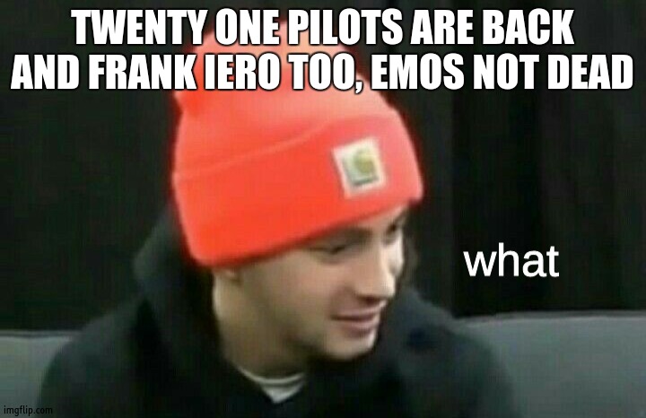 tyler joseph what | TWENTY ONE PILOTS ARE BACK AND FRANK IERO TOO, EMOS NOT DEAD | image tagged in tyler joseph what | made w/ Imgflip meme maker