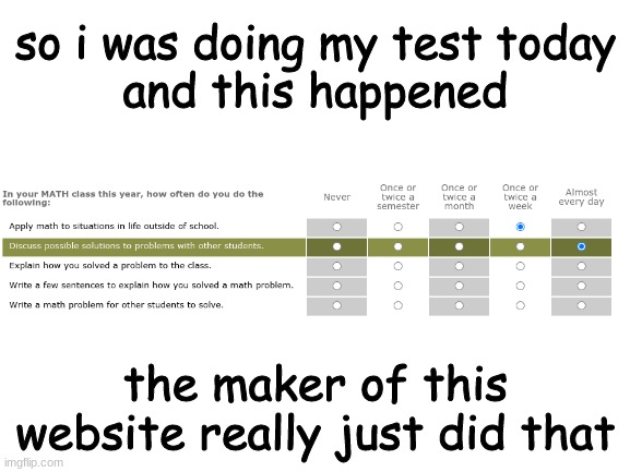 beeg bruh | so i was doing my test today
and this happened; the maker of this website really just did that | image tagged in blank white template | made w/ Imgflip meme maker