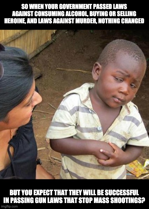 Gun Laws | SO WHEN YOUR GOVERNMENT PASSED LAWS AGAINST CONSUMING ALCOHOL, BUYING OR SELLING HEROINE, AND LAWS AGAINST MURDER, NOTHING CHANGED; BUT YOU EXPECT THAT THEY WILL BE SUCCESSFUL IN PASSING GUN LAWS THAT STOP MASS SHOOTINGS? | image tagged in memes,third world skeptical kid | made w/ Imgflip meme maker