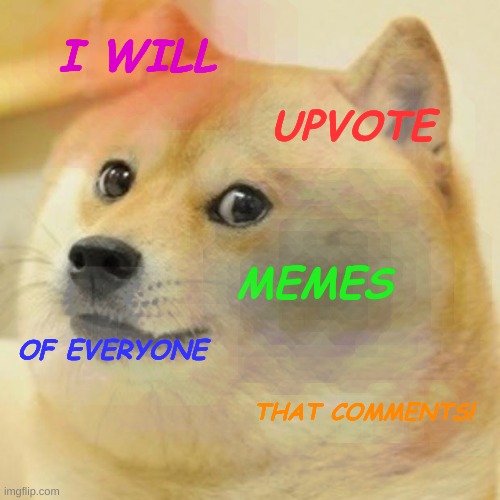 My gift to u! | I WILL; UPVOTE; MEMES; OF EVERYONE; THAT COMMENTS! | image tagged in memes,doge | made w/ Imgflip meme maker