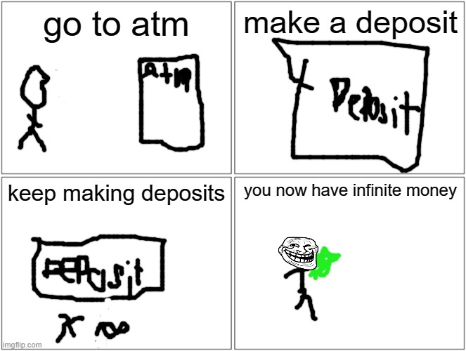 Blank Comic Panel 2x2 | go to atm; make a deposit; keep making deposits; you now have infinite money | image tagged in memes,blank comic panel 2x2 | made w/ Imgflip meme maker