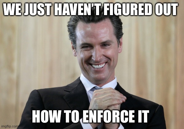 Scheming Gavin Newsom  | WE JUST HAVEN’T FIGURED OUT HOW TO ENFORCE IT | image tagged in scheming gavin newsom | made w/ Imgflip meme maker