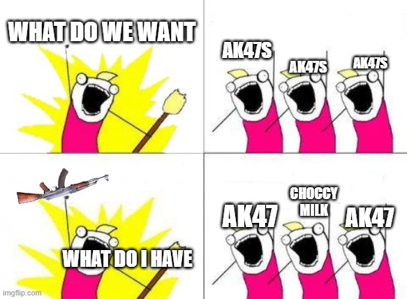 IDESTS | WHAT DO WE WANT; AK47S; AK47S; AK47S; CHOCCY MILK; AK47; AK47; WHAT DO I HAVE | image tagged in memes,what do we want | made w/ Imgflip meme maker