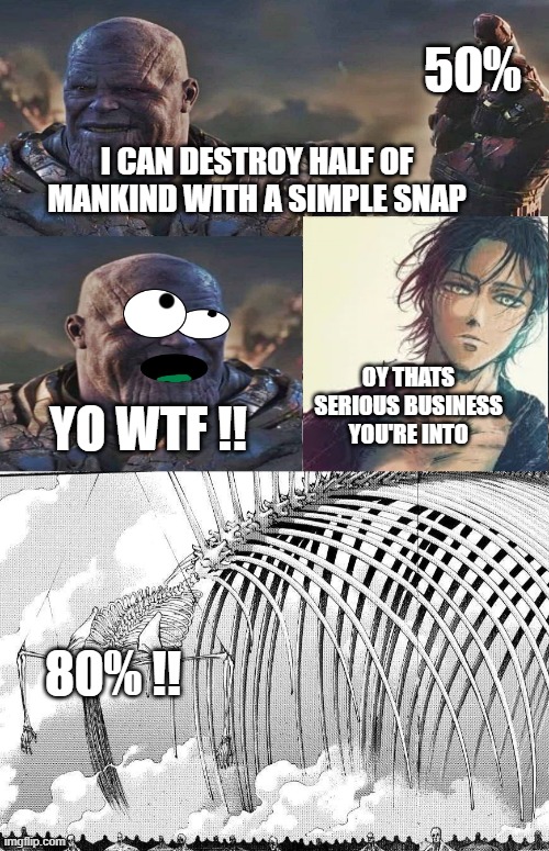 Thanos is weak now | 50%; I CAN DESTROY HALF OF MANKIND WITH A SIMPLE SNAP; YO WTF !! OY THATS SERIOUS BUSINESS YOU'RE INTO; 80% !! | image tagged in snk,thanos | made w/ Imgflip meme maker