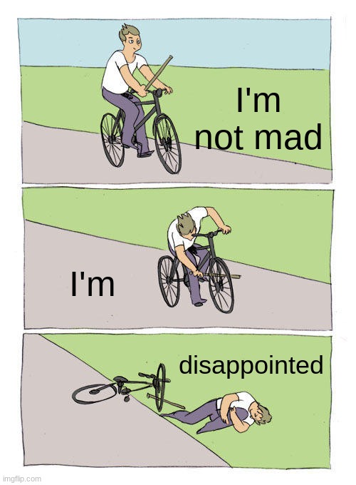 thats the worst parent phrase ever | I'm not mad; I'm; disappointed | image tagged in memes,bike fall | made w/ Imgflip meme maker