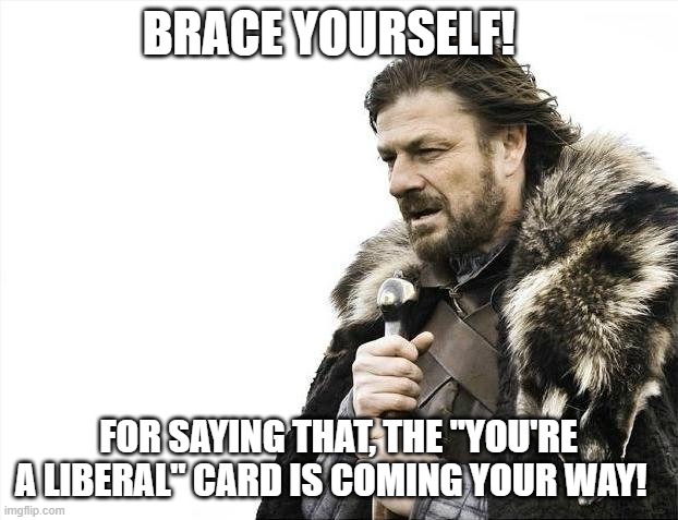 Brace Yourselves X is Coming | BRACE YOURSELF! FOR SAYING THAT, THE "YOU'RE A LIBERAL" CARD IS COMING YOUR WAY! | image tagged in memes,brace yourselves x is coming | made w/ Imgflip meme maker