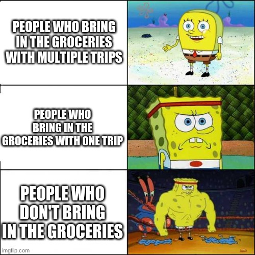 LOL | PEOPLE WHO BRING IN THE GROCERIES WITH MULTIPLE TRIPS; PEOPLE WHO BRING IN THE GROCERIES WITH ONE TRIP; PEOPLE WHO DON'T BRING IN THE GROCERIES | image tagged in spongebob strong | made w/ Imgflip meme maker