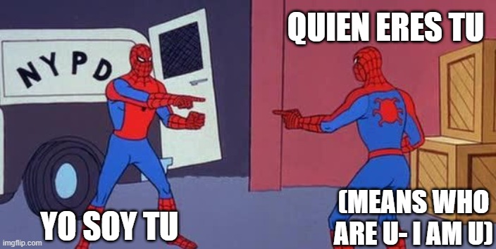 Spanish speaking amigos | QUIEN ERES TU; YO SOY TU; (MEANS WHO ARE U- I AM U) | image tagged in spider man double | made w/ Imgflip meme maker