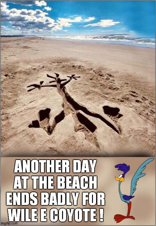 Another Plan Foiled ! | ANOTHER DAY AT THE BEACH ENDS BADLY FOR WILE E COYOTE ! | image tagged in wile e coyote,road runner,day at the beach | made w/ Imgflip meme maker