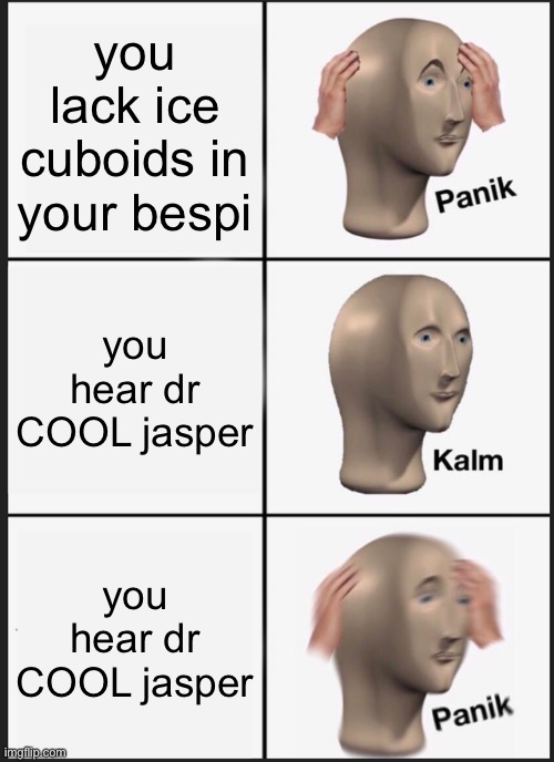 Icced in a nutshell | you lack ice cuboids in your bespi; you hear dr COOL jasper; you hear dr COOL jasper | image tagged in memes,panik kalm panik | made w/ Imgflip meme maker