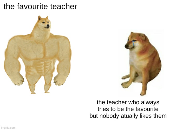 Teachers! | the favourite teacher; the teacher who always tries to be the favourite but nobody actually likes them | image tagged in memes,buff doge vs cheems,fun,middle school,teachers | made w/ Imgflip meme maker