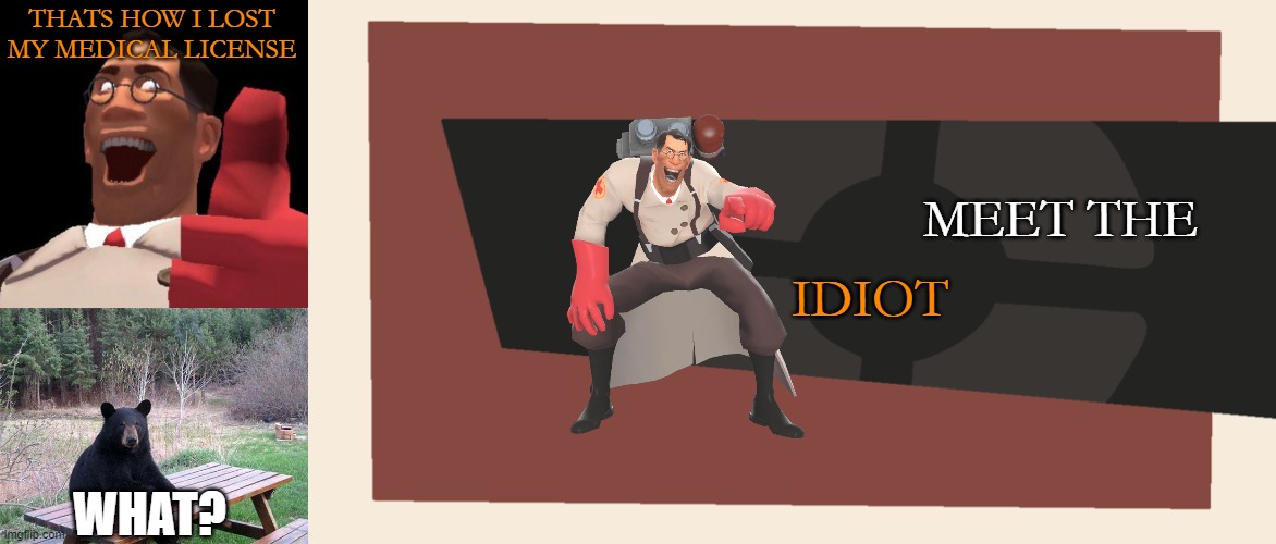 THATS HOW I LOST MY MEDICAL LICENSE; MEET THE; IDIOT; WHAT? | image tagged in tf2 medic,waiting bear,meet the blank | made w/ Imgflip meme maker