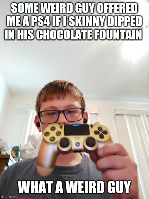 SOME WEIRD GUY OFFERED ME A PS4 IF I SKINNY DIPPED IN HIS CHOCOLATE FOUNTAIN; WHAT A WEIRD GUY | made w/ Imgflip meme maker