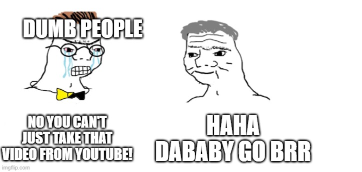 nooo haha go brrr | NO YOU CAN'T JUST TAKE THAT VIDEO FROM YOUTUBE! HAHA DABABY GO BRR DUMB PEOPLE | image tagged in nooo haha go brrr | made w/ Imgflip meme maker