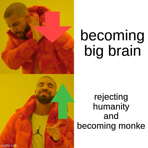 just no big brain | becoming big brain; rejecting humanity and becoming monke | image tagged in memes,drake hotline bling | made w/ Imgflip meme maker