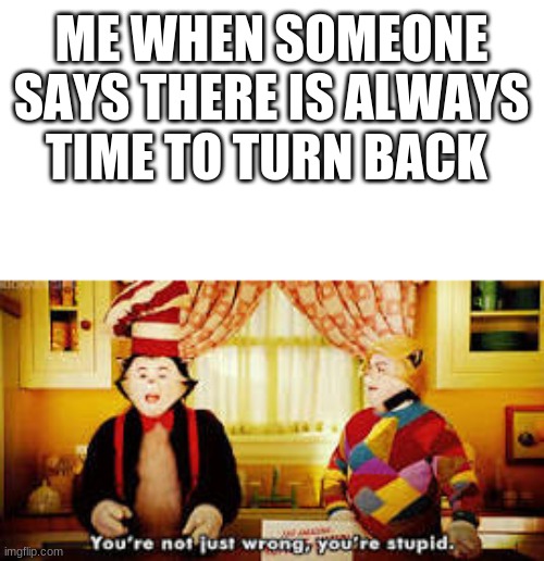 Your not just wrong your stupid | ME WHEN SOMEONE SAYS THERE IS ALWAYS TIME TO TURN BACK | image tagged in your not just wrong your stupid | made w/ Imgflip meme maker