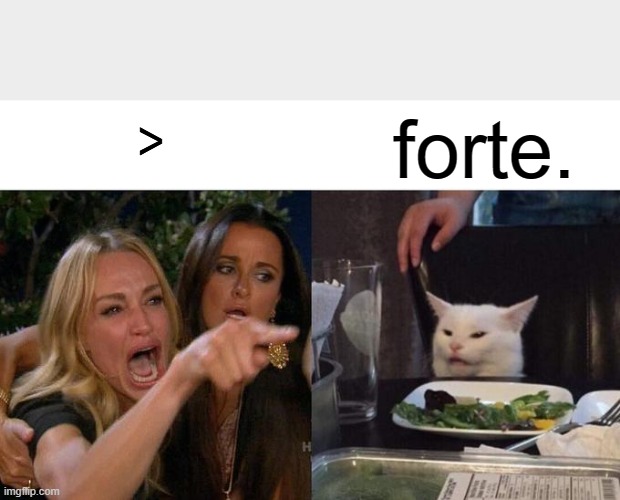 Woman Yelling At Cat Meme | 𝅻𝅻𝅻; forte. | image tagged in memes,woman yelling at cat | made w/ Imgflip meme maker