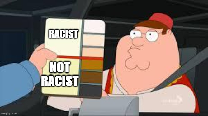 racist peter griffin family guy | RACIST; NOT RACIST | image tagged in racist peter griffin family guy | made w/ Imgflip meme maker