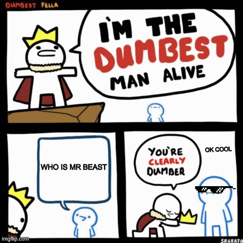 I'm the dumbest man alive | WHO IS MR BEAST; OK COOL | image tagged in i'm the dumbest man alive | made w/ Imgflip meme maker