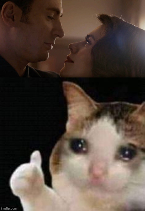 Steve finally got the dance with Peggy that he waited so long for. It's so bittersweet. | image tagged in approved crying cat,captain america,avengers endgame | made w/ Imgflip meme maker