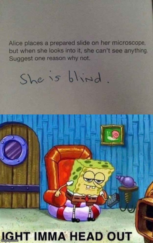 never knew she was blind | image tagged in memes,spongebob ight imma head out,school,test,funny | made w/ Imgflip meme maker