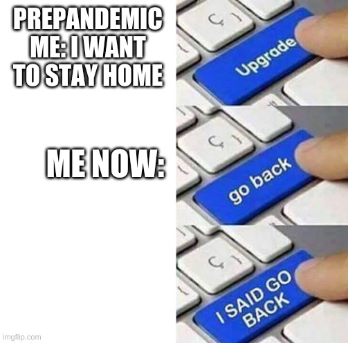 I SAID GO BACK | PREPANDEMIC ME: I WANT TO STAY HOME; ME NOW: | image tagged in i said go back | made w/ Imgflip meme maker
