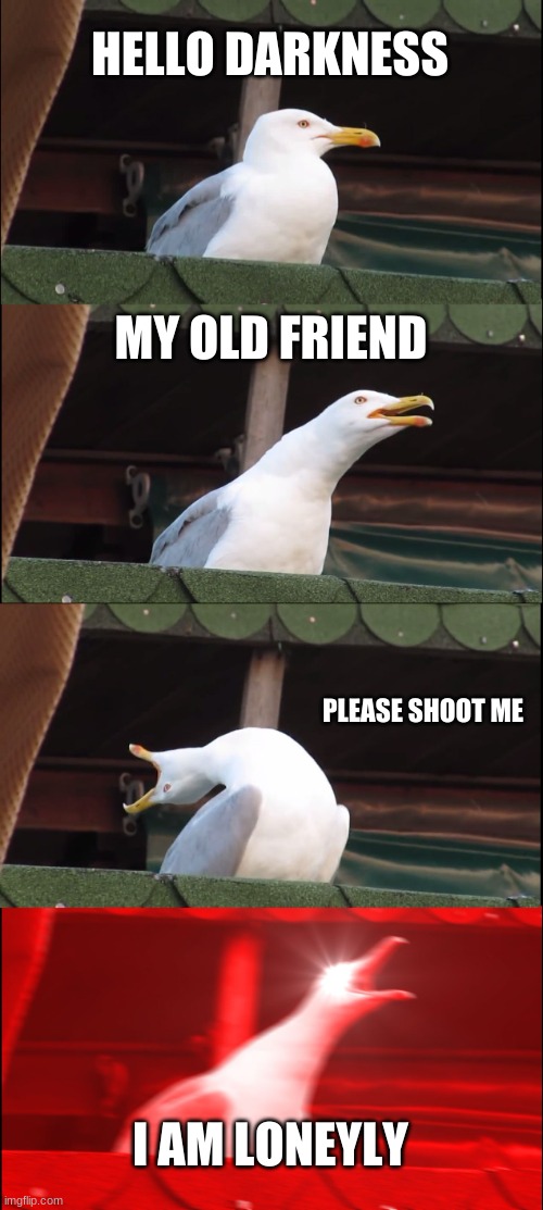 Inhaling Seagull Meme | HELLO DARKNESS MY OLD FRIEND PLEASE SHOOT ME I AM LONEYLY | image tagged in memes,inhaling seagull | made w/ Imgflip meme maker