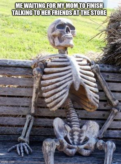 Waiting Skeleton | ME WAITING FOR MY MOM TO FINISH TALKING TO HER FRIENDS AT THE STORE | image tagged in memes,waiting skeleton | made w/ Imgflip meme maker