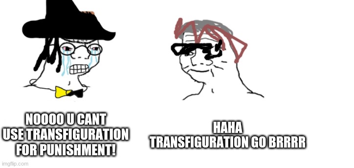 nooo haha go brrr | NOOOO U CANT USE TRANSFIGURATION FOR PUNISHMENT! HAHA TRANSFIGURATION GO BRRRR | image tagged in nooo haha go brrr | made w/ Imgflip meme maker