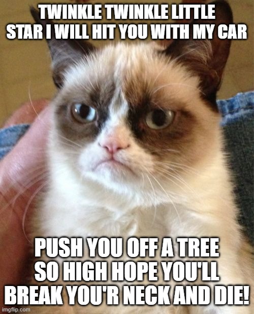 Grumpy Cat Meme | TWINKLE TWINKLE LITTLE STAR I WILL HIT YOU WITH MY CAR PUSH YOU OFF A TREE SO HIGH HOPE YOU'LL BREAK YOU'R NECK AND DIE! | image tagged in memes,grumpy cat | made w/ Imgflip meme maker