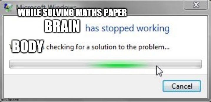 maths | WHILE SOLVING MATHS PAPER; BRAIN; BODY | image tagged in words has stopped working | made w/ Imgflip meme maker