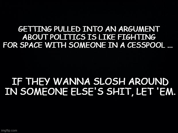 I'm correct. Don't try to argue with me. | GETTING PULLED INTO AN ARGUMENT ABOUT POLITICS IS LIKE FIGHTING FOR SPACE WITH SOMEONE IN A CESSPOOL ... IF THEY WANNA SLOSH AROUND IN SOMEONE ELSE'S SHIT, LET 'EM. | image tagged in black background,politics,political meme,twitter,facebook | made w/ Imgflip meme maker