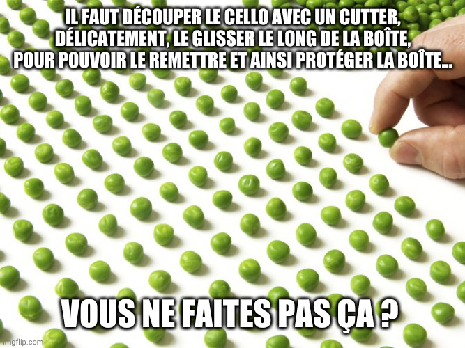 OCD aligning peas | IL FAUT DÉCOUPER LE CELLO AVEC UN CUTTER, DÉLICATEMENT, LE GLISSER LE LONG DE LA BOÎTE, POUR POUVOIR LE REMETTRE ET AINSI PROTÉGER LA BOÎTE... VOUS NE FAITES PAS ÇA ? | image tagged in ocd aligning peas | made w/ Imgflip meme maker
