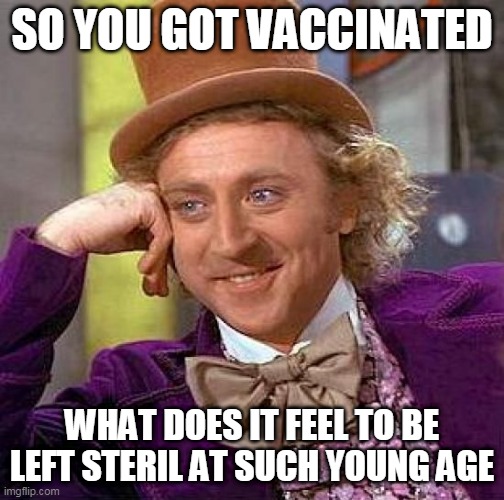 Creepy Condescending Wonka Meme | SO YOU GOT VACCINATED; WHAT DOES IT FEEL TO BE LEFT STERIL AT SUCH YOUNG AGE | image tagged in memes,creepy condescending wonka | made w/ Imgflip meme maker