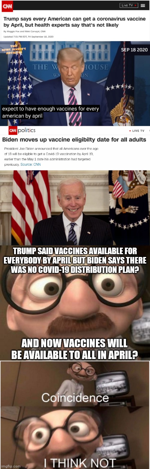 Just Lyin' Biden and his trusty sidekick the Fake News Media | TRUMP SAID VACCINES AVAILABLE FOR
EVERYBODY BY APRIL BUT BIDEN SAYS THERE
WAS NO COVID-19 DISTRIBUTION PLAN? AND NOW VACCINES WILL BE AVAILABLE TO ALL IN APRIL? | image tagged in coincidence i think not,biden,trump,covid-19,fake news | made w/ Imgflip meme maker