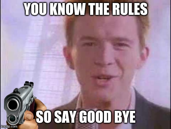 >:) | YOU KNOW THE RULES; SO SAY GOOD BYE | image tagged in rick roll,die,gun | made w/ Imgflip meme maker