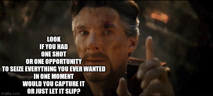 One opportunity |  LOOK
IF YOU HAD
ONE SHOT
OR ONE OPPORTUNITY
TO SEIZE EVERYTHING YOU EVER WANTED
IN ONE MOMENT
WOULD YOU CAPTURE IT
OR JUST LET IT SLIP? | image tagged in dr strange,eminem | made w/ Imgflip meme maker